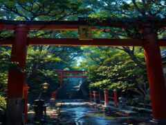 красные ворота с часами на нем посреди дорожки