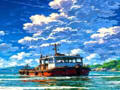 картина лодки в воде с небесным фоном