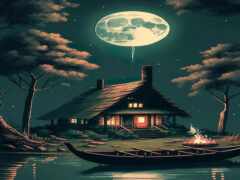 есть лодка, которая сидит в воде рядом с домом