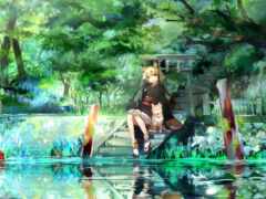 аниме девушка сидит на причале у пруда с досками для серфинга