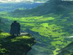 женский взгляд на мужчину, стоящего на скале с видом на долину