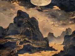 есть картина горы с летящей над ней птицей