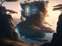 закрытие здания на скале рядом с водоемом