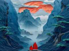 красная лодка плавает посреди горного озера