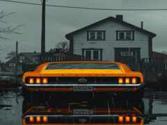 есть автомобиль, который припаркован под дождем перед домом