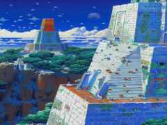 картина футуристического города с башней и фоном неба