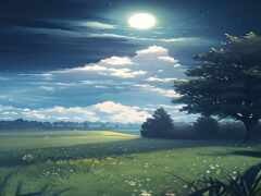 существует картина дерева в поле с полной луной