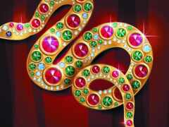 закрытие змеи со многими драгоценностями на красном фоне