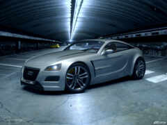 женский спортивный автомобиль на парковке с желтым такси