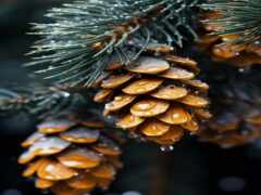 сосновый конус с каплями воды на нем