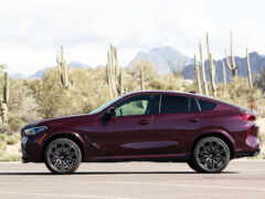 женщина красного цвета bmw suv припарковалась на парковке с кактусовыми деревьями