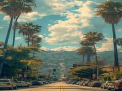 вид на улицу с пальмами и горой на заднем плане