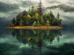 дерево отражается в воде озера, окруженного горами