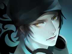 мальчик с черными волосами и желтыми глазами смотрит на что-то