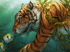 тигр, художественное произведение, рыба
