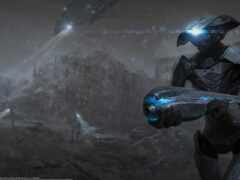 футуристический робот sci fio с пистолетом sci fio в руке