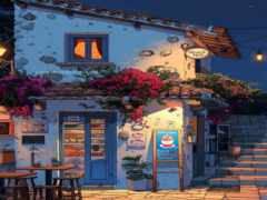 ночная сцена небольшого ресторана с зажженным окном