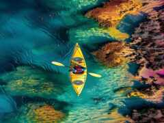 вид с воздуха на человека в желтом каяке в воде