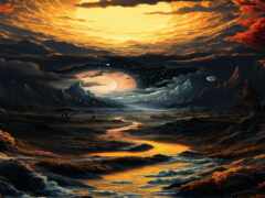 картина пейзажа с рекой и горами ночью