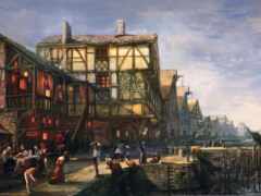 картина городской улицы с людьми, гуляющими и сидящими на скамейках