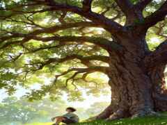 мальчик-аниме сидит под деревом с ноутбуком на коленях