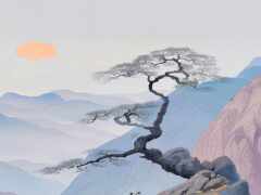 есть картина дерева на горе с закатом на заднем плане