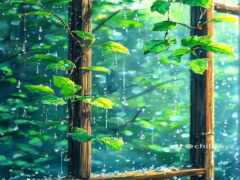 есть два деревянных столба с зелеными листьями на них