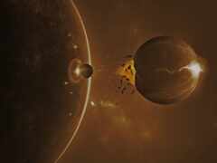 космический корабль приближается к планете со звездой на заднем плане