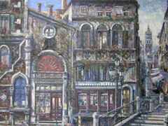 картина городской улицы с башней с часами и зданием