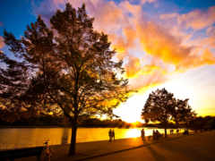 закат над озером с людьми, гуляющими и катающимися на велосипеде по тропинке