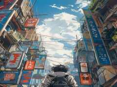 сцена в стиле аниме человека, идущего по улице с рюкзаком