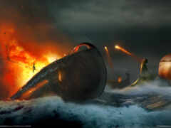 есть лодка, которая тонет в воде с огнем на заднем плане