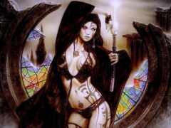 женщина в нижнем белье с мечом и мечом перед витражным стеклом