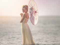 девушка, море, зонтик