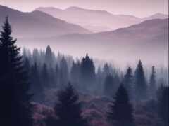 деревья на переднем плане горного хребта с туманным небом