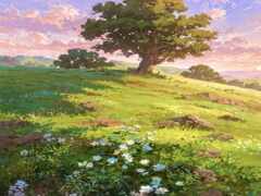 пейзаж аниме с деревом и цветами на переднем плане