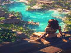 женщина, сидящая на деревянной платформе с видом на реку