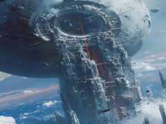 космический корабль пролетает над городом с гигантским космическим кораблем на заднем плане