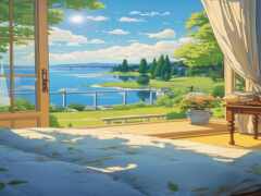 есть картина спальни с видом на воду