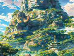 картина горы с пагодой и пагодой на переднем плане