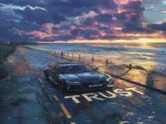 картина автомобиля, едущего по дороге рядом с океаном