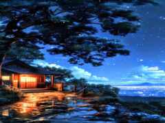 картина дома на холме с видом на город