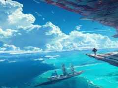 аниме-сценарий человека, стоящего на скале с видом на корабль