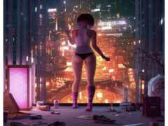 девушка в нижнем белье, стоящая перед окном с видом на город