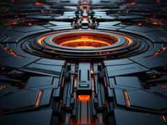 близость футуристического космического корабля с светящимся центром