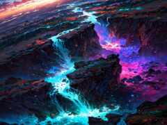 картина водопада посреди горы с красочным небом