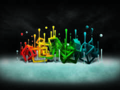 есть много разных цветных объектов подряд на черном фоне