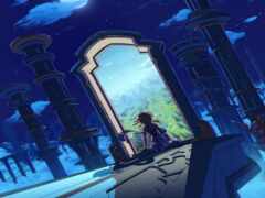 аниме-сцена женщины, сидящей на платформе и смотрящей на пейзаж