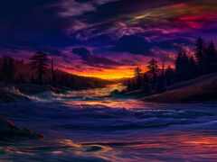 картина реки с закатом на заднем плане