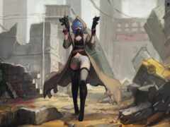 девушка с ружьем в разрушенном городе с руинами